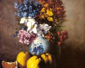 A Still Life With A Vase Of Flowers And Fruit - 杰曼·西奥多尔·克勒门特·立波特